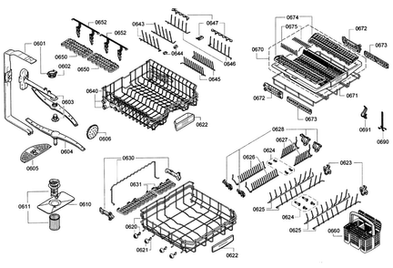 Rack Diagram and Parts List for SHE9PT55UC 01 Bosch Dishwasher