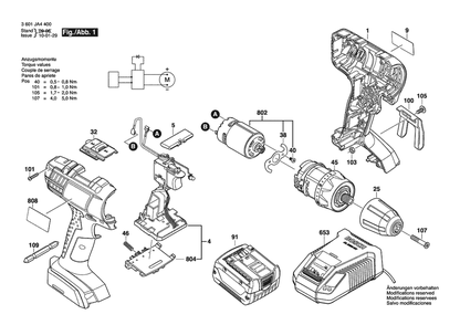 Section 1 Diagram and Parts List for 3601JA44H0  Bosch Cordless Drill