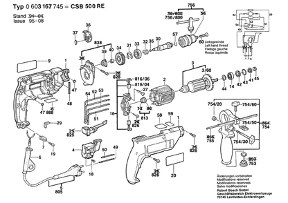 Section 1 Diagram and Parts List for CSB500RE 0603167745 Bosch Hammer Drill
