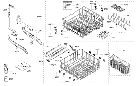 Baskets Assy Diagram and Parts List for SHX65P05UC 53 Bosch Dishwasher