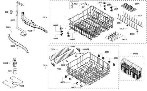 Baskets Assy Diagram and Parts List for SHE65P02UC 53 Bosch Dishwasher