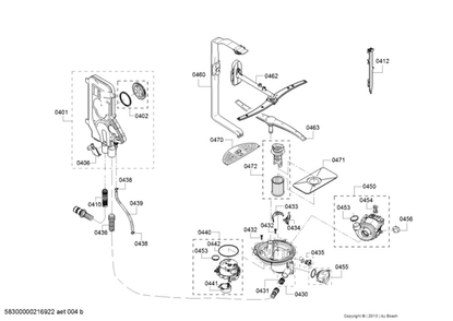 Water Inlet/Heat Pump/Spray Arm Diagram and Parts List for SHXM78Z55N 01 Bosch Dishwasher
