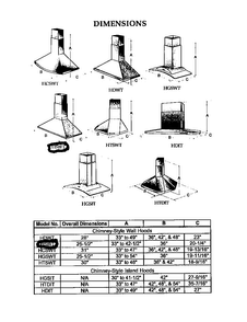 Dimensions Diagram and Parts List for HSW  Thermador Range Hood