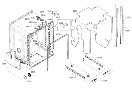 Cavity & Frame Diagram and Parts List for SHE3AR75UC 21 Bosch Dishwasher