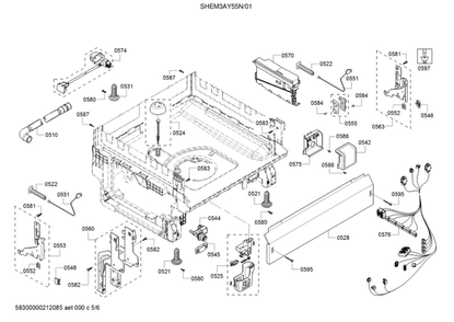 Base/Main Harness Diagram and Parts List for SHEM3AY55N 01 Bosch Dishwasher