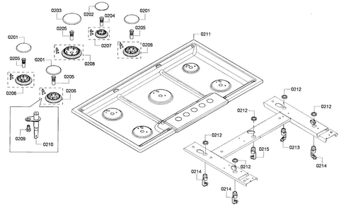 Burners Diagram and Parts List for NGM3654UC 01 Bosch Cooktop