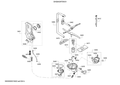 Spray Arms/Water Inlet System/Heat Pump Diagram and Parts List for SHS843AF5N 01 Bosch Dishwasher