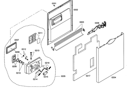 Door Assy Diagram and Parts List for SHE44C05UC 38 Bosch Dishwasher