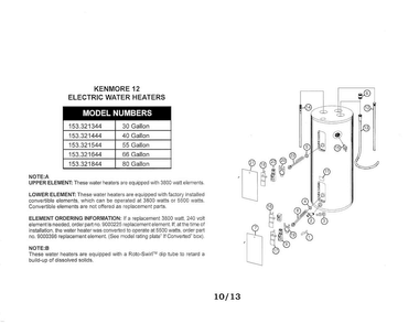 Water Heater Diagram and Parts List for 153321344  Kenmore Water Heater
