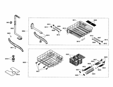 Racks/spray Arm Diagram and Parts List for S35KMK17UC 36 Bosch Dishwasher