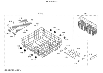 Lower Rack/Cutlery Basket Diagram and Parts List for SHPM78Z54N 01 Bosch Dishwasher