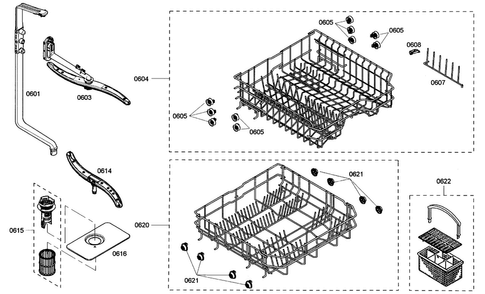 Racks Assy Diagram and Parts List for SHE4AM16UC 01 Bosch Dishwasher