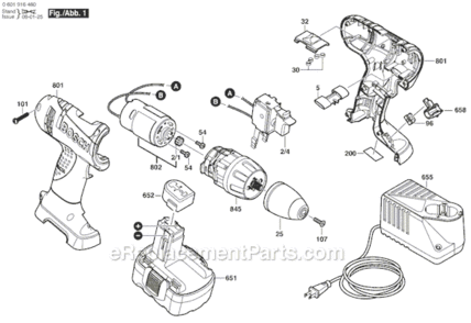 Page A Diagram and Parts List for 32614-2G 0601916470 Bosch Cordless Drill