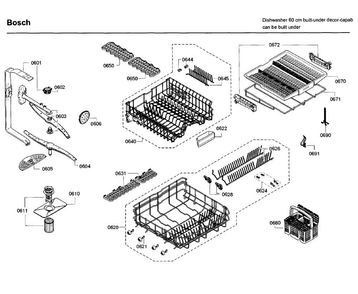 Rack Diagram and Parts List for SGE68U55UC C6 Bosch Dishwasher