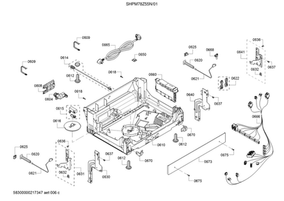 Base/Main Harness Diagram and Parts List for SHPM78Z55N 01 Bosch Dishwasher