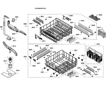 Baskets Diagram and Parts List for SHX98M09UC 64 Bosch Dishwasher