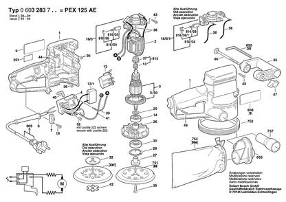 Section 1 Diagram and Parts List for PEX125AE 0603283737 Bosch Orbital or Palm Sander