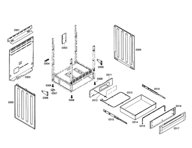 Side Panels/drawer Diagram and Parts List for HES7152U 01 Bosch Range