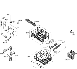 Baskets Assy Diagram and Parts List for SPE53U56UC 26 Bosch Dishwasher