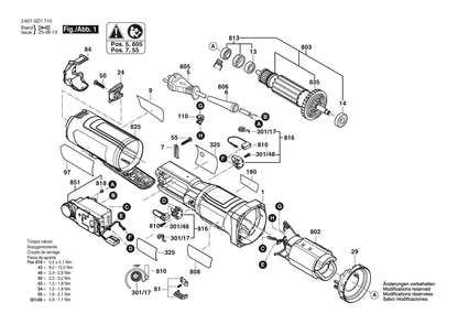 Figure 1 Diagram and Parts List for 3601GD1A10 GWS12-450PBD Bosch Angle Grinder