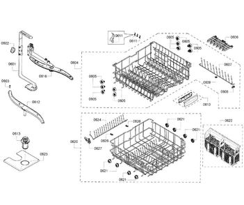Baskets Diagram and Parts List for DWHD410HPR 64 Thermador Dishwasher