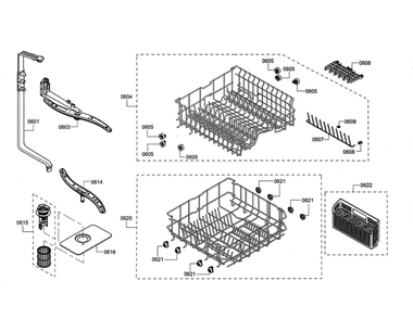 Spray Arms/Racks Diagram and Parts List for SHE3ARL5UC 12 Bosch Dishwasher