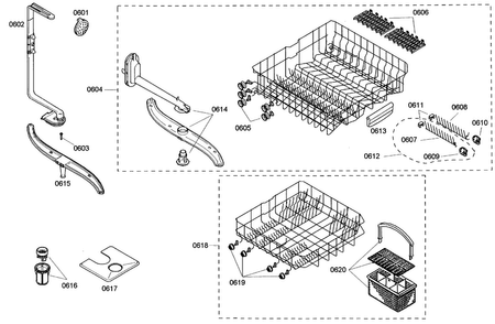 Baskets Diagram and Parts List for SHE44C02UC 36 Bosch Dishwasher