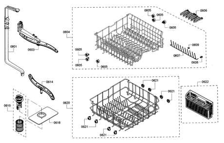 Rack Diagram and Parts List for SHE3AR55UC 20 Bosch Dishwasher