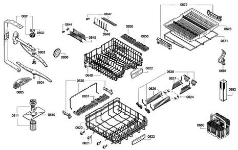 Baskets Diagram and Parts List for DWHD650GFP 18 Thermador Dishwasher