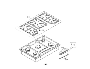 Grates/knobs Diagram and Parts List for SGS305FS 02 Thermador Cooktop