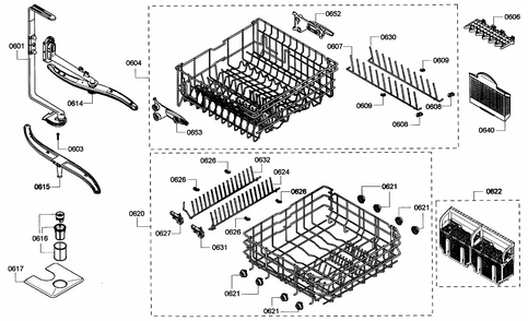 Baskets Diagram and Parts List for S45KMK12UC 60 Bosch Dishwasher