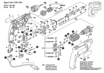 Section 1 Diagram and Parts List for GBM10KRE 0601137539 Bosch Drill