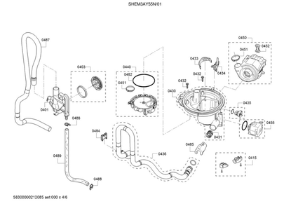 Water Inlet/Pump/Sump Diagram and Parts List for SHEM3AY55N 01 Bosch Dishwasher