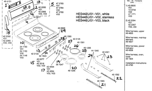 Maintop Assy Diagram and Parts List for HES446U 01 Bosch Range