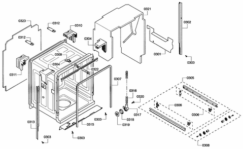 Cabinet Diagram and Parts List for S45KMK12UC 60 Bosch Dishwasher