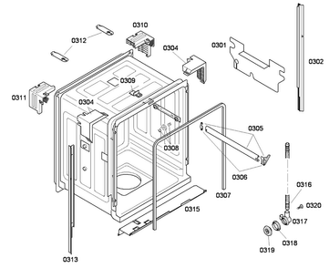 Cabinet Diagram and Parts List for SHE43F05UC 52 Bosch Dishwasher