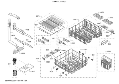 Spray Arms/Racks Diagram and Parts List for SHXM4AY55N 27 Bosch Dishwasher