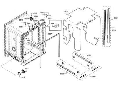 Frame & Cavity Diagram and Parts List for SHE3AR52UC 12 Bosch Dishwasher