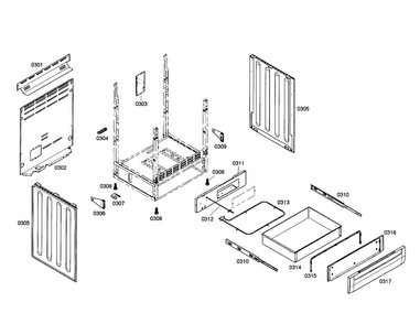 Side Panels/drawer Diagram and Parts List for HES7062U 01 Bosch Range