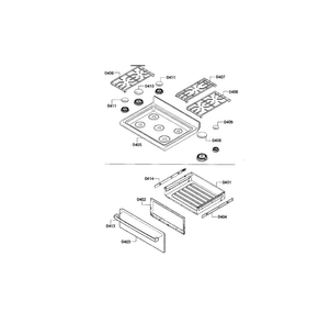 Burners & Drawer Diagram and Parts List for HGS3053UC 12 Bosch Range