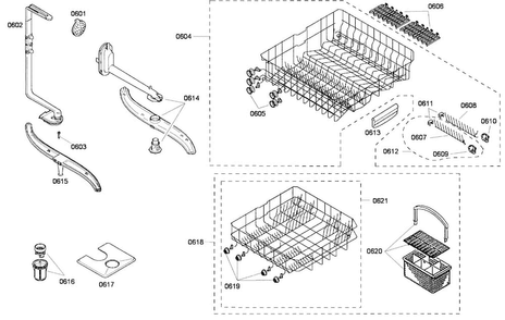 Baskets Diagram and Parts List for SHE43F02UC 50 Bosch Dishwasher