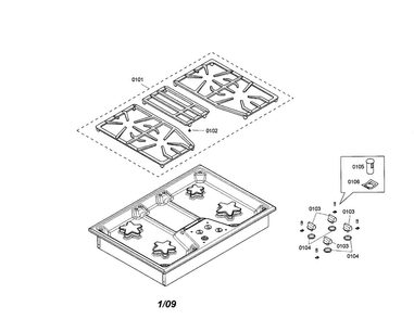 Grates/knobs Diagram and Parts List for SGS304FS 01 Thermador Cooktop