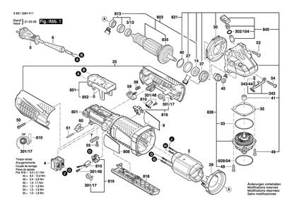 Page 1 Diagram and Parts List for GWS13-50VSP 3601G9H411 Bosch Angle Grinder