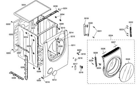 Cabinet Parts Diagram and Parts List for WTMC552SUC 02 Bosch Dryer