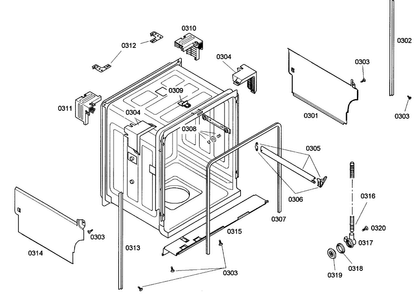 Cabinet Diagram and Parts List for SHE43C02UC 38 Bosch Dishwasher