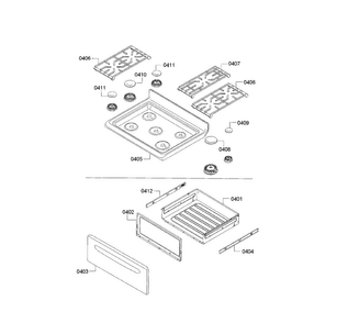 Cooktop & Drawer Diagram and Parts List for HGS3023UC 12 Bosch Range