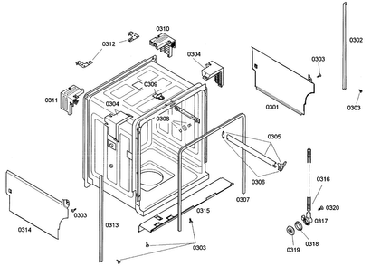 Cabinet Diagram and Parts List for SHE42L12UC 38 Bosch Dishwasher