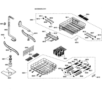 Baskets Diagram and Parts List for SHX98M09UC 51 Bosch Dishwasher