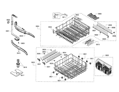 Racks/spray Arm Diagram and Parts List for SHX45P05UC 60 Bosch Dishwasher