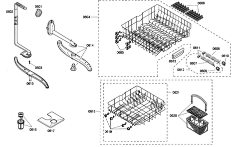 Baskets Diagram and Parts List for SHE44C07UC 48 Bosch Dishwasher